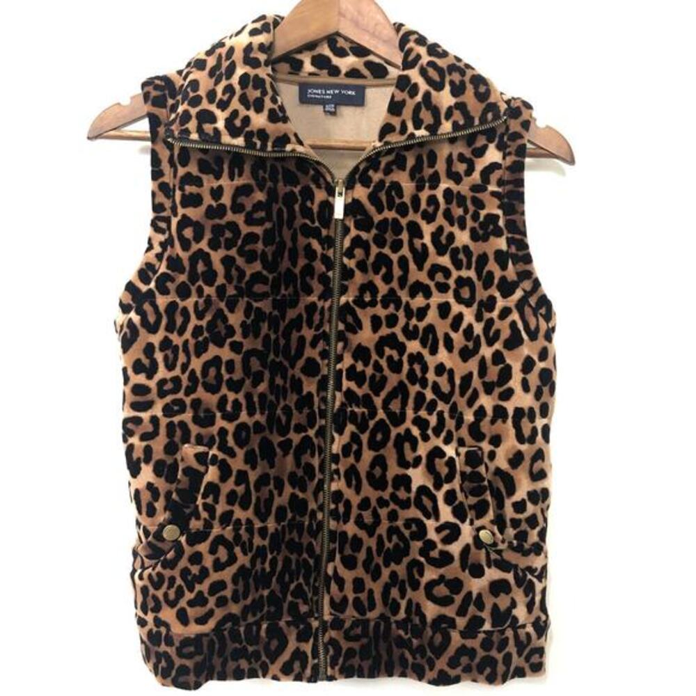 Jones New York Leopard Print Velour Vest Small Zip Chic Animal Print Mob Wife